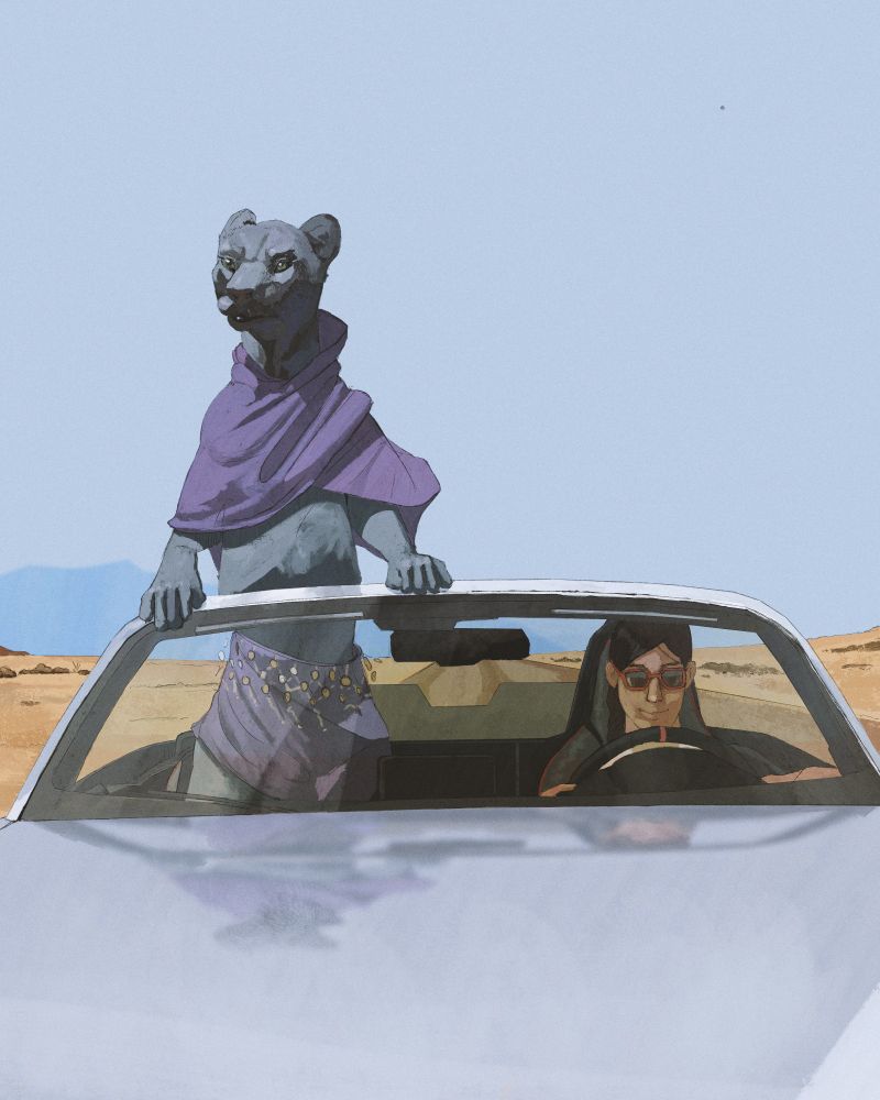 A woman driving a car in the desert viewed through the windshield. A large black jaguar stands up on the seat holding on to the windshield on the convertible 