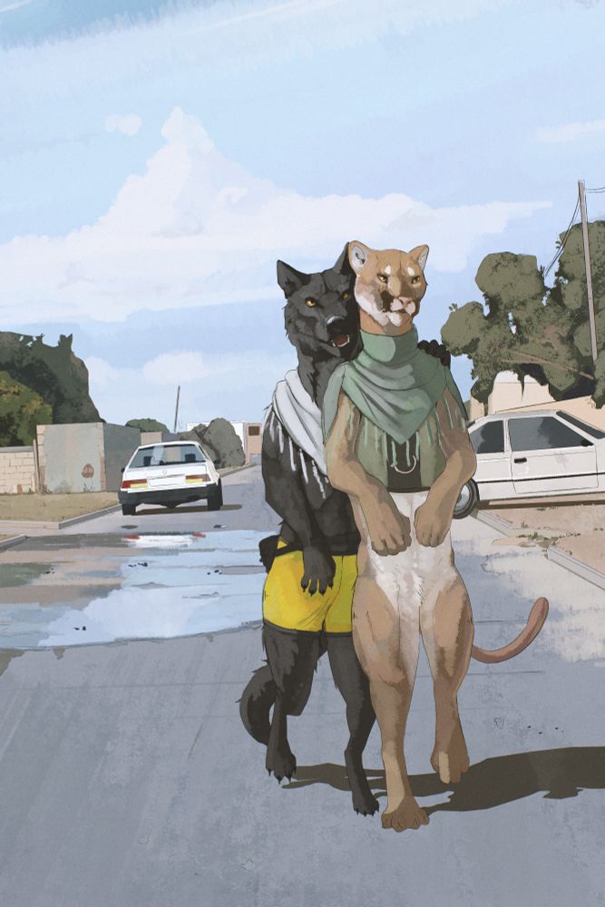 A wolf and a mountain lion walk together on a dinky street. the wolf playfully hugs the mountain lion as they walk upright.