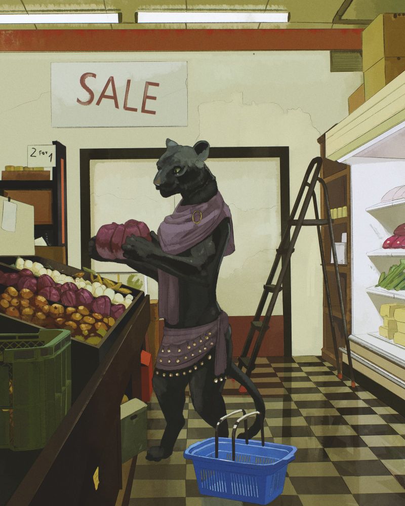 A grocery store scene with many vegetables on stands, an anthropomorphic jaguar holds two red cabbages.