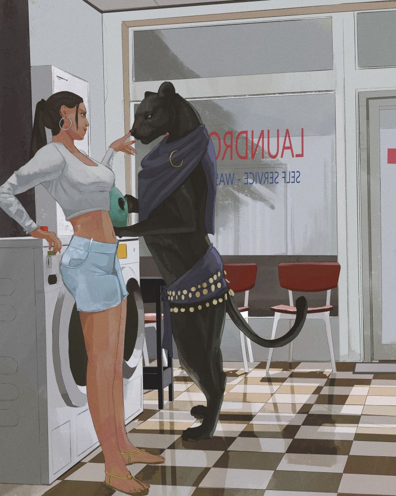 A scene in a laundromat. A woman and an panther on two legs stand near some washers. the woman leans on the washer while poking the snout of the panther.