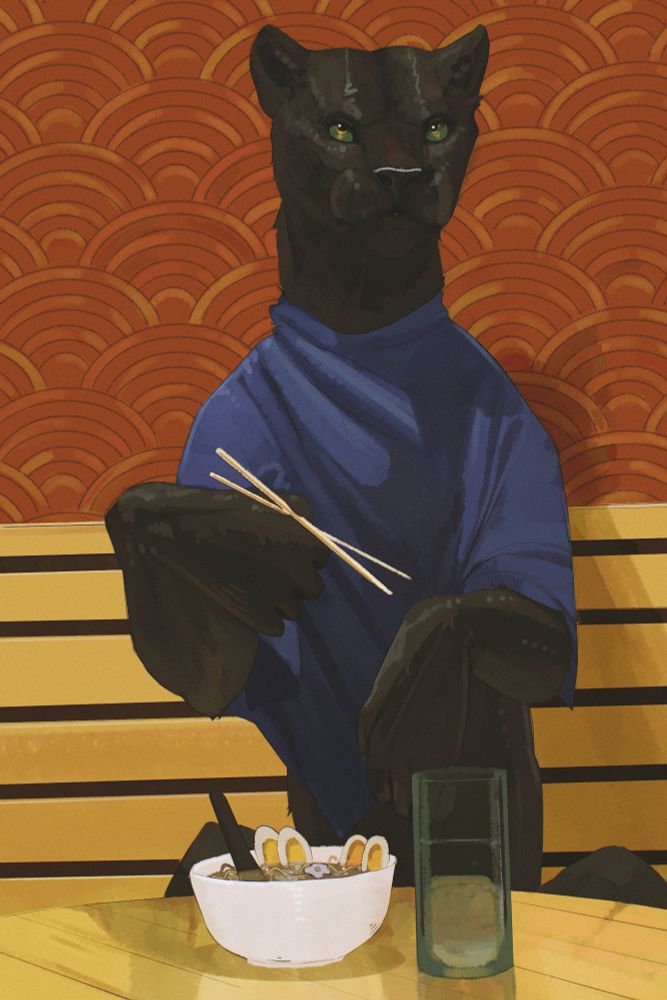 A Female black panther sitting in a booth with a red patterned background eating ramen noodles with eggs while using chopsticks.