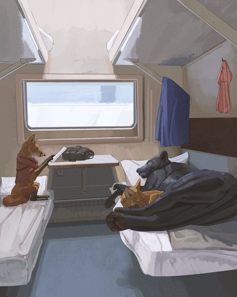 A scene on a sleeper cab in a train. On the right is a jaguar napping with a fox cuddled up against her belly, on the left near the window is a fox reading a book wearing a red shawl. 