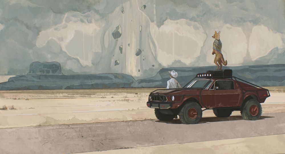 A muscle car is seen on a desert road with a man in a white cowboy hat leaning against it looking in the distance. A coyote stands on top of the car as well looking into the distance too. in the distance are strange clouds that swirl in the middle and seem to be lifting up large boulders.