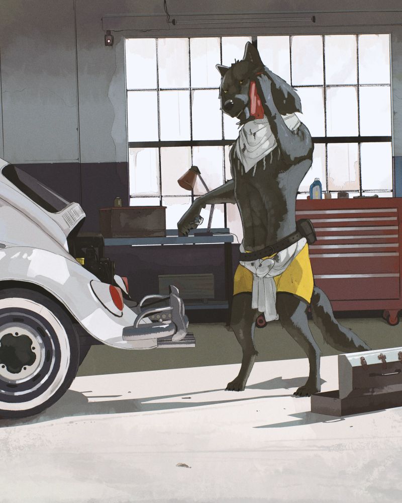 An anthropomorphic black wolf in a garage environment stands and wipes his face with a red rag while he works on a beetle