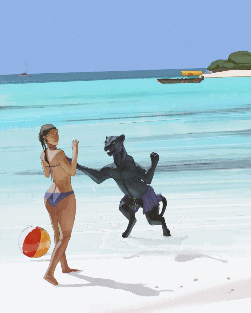A woman in a purple bikini plays with a black jaguar on a beach that is midway to pouncing splashing water everywhere. 