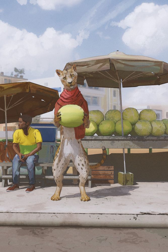 A Melon street stand shaded with some umbrellas. A man sits in the background and a cheetah stands in the foreground holding a large melon.
