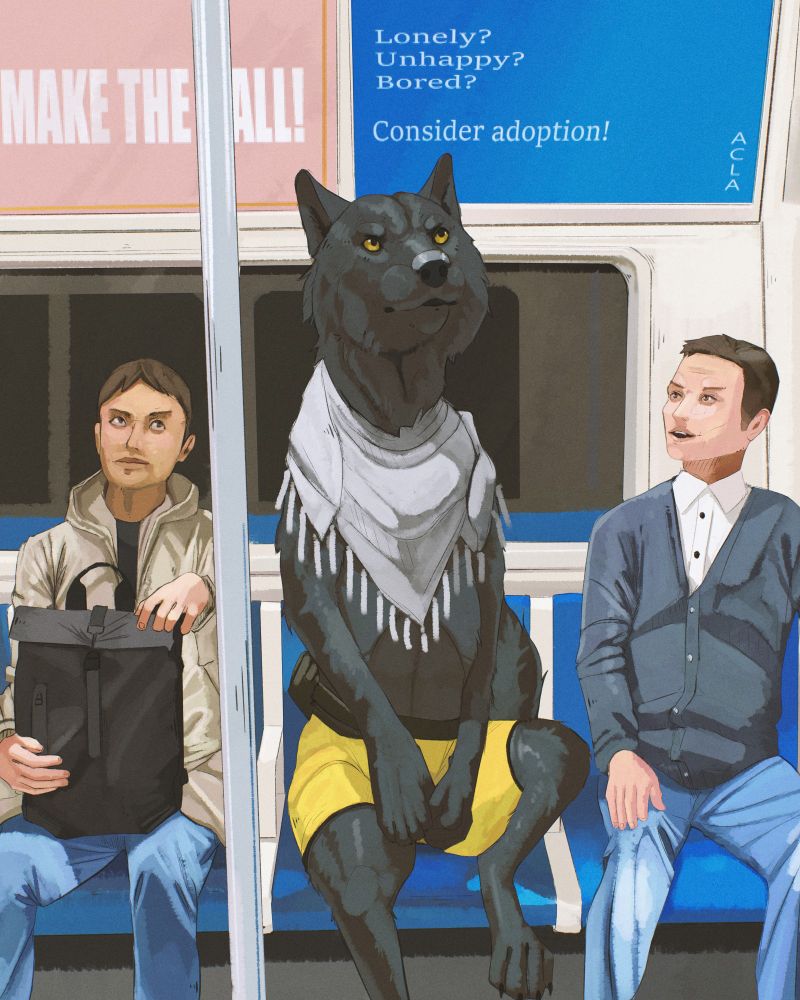 On a metro train car sits a large black wolf. flanked on each side of the wolf are two humans looking at the large wolf eagerly.