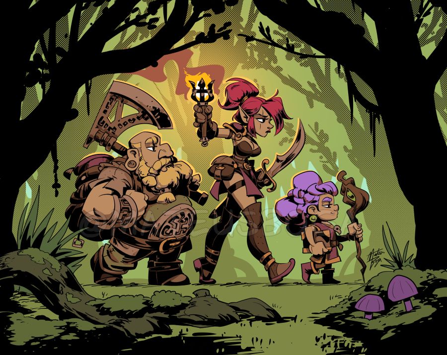 Cartoony drawing of a party of three adventurers walking in a dark forest, a bald dwarf with a blonde beard and a large axe over his shoulder, a taller redhead elf woman holding a sword in one hand and a torch on the other, and a halfling sourcerer woman with big purple hair carrying a book and a staff.
