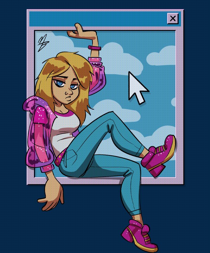 Cartoony drawing of a blonde girl wearing a magenta short jacket, matching shoes and jeans, sitting on a Windows 99 window.