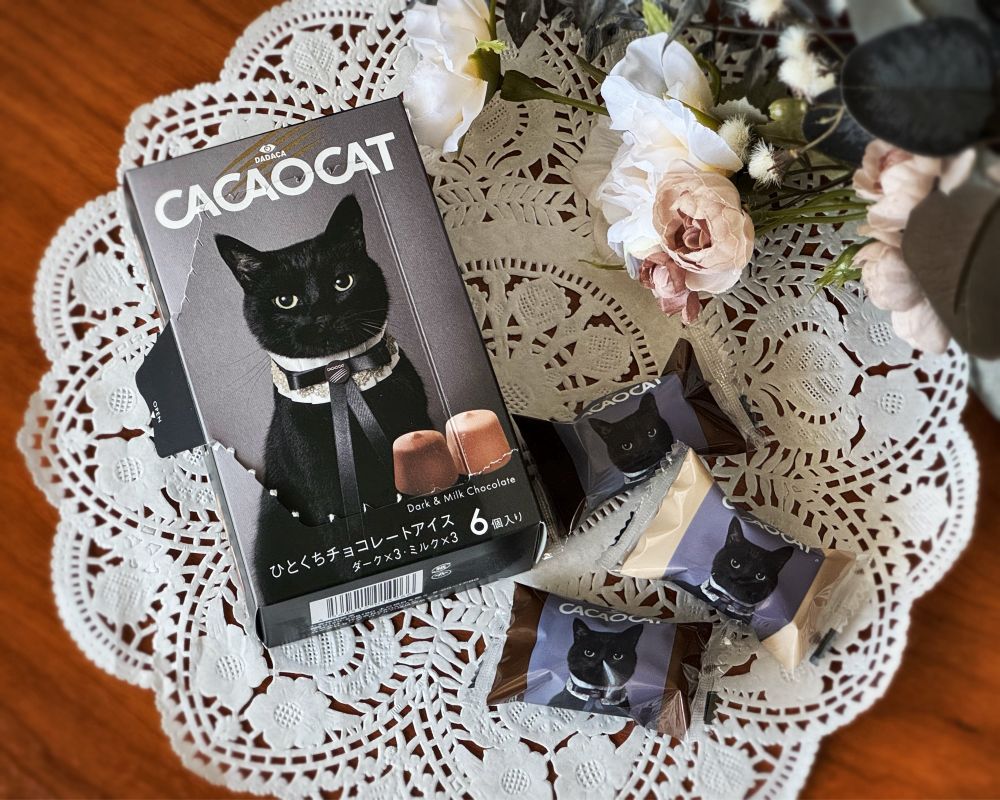 CACAOCATという黒猫のパッケージと個包装されたひとくちチョコレートアイス