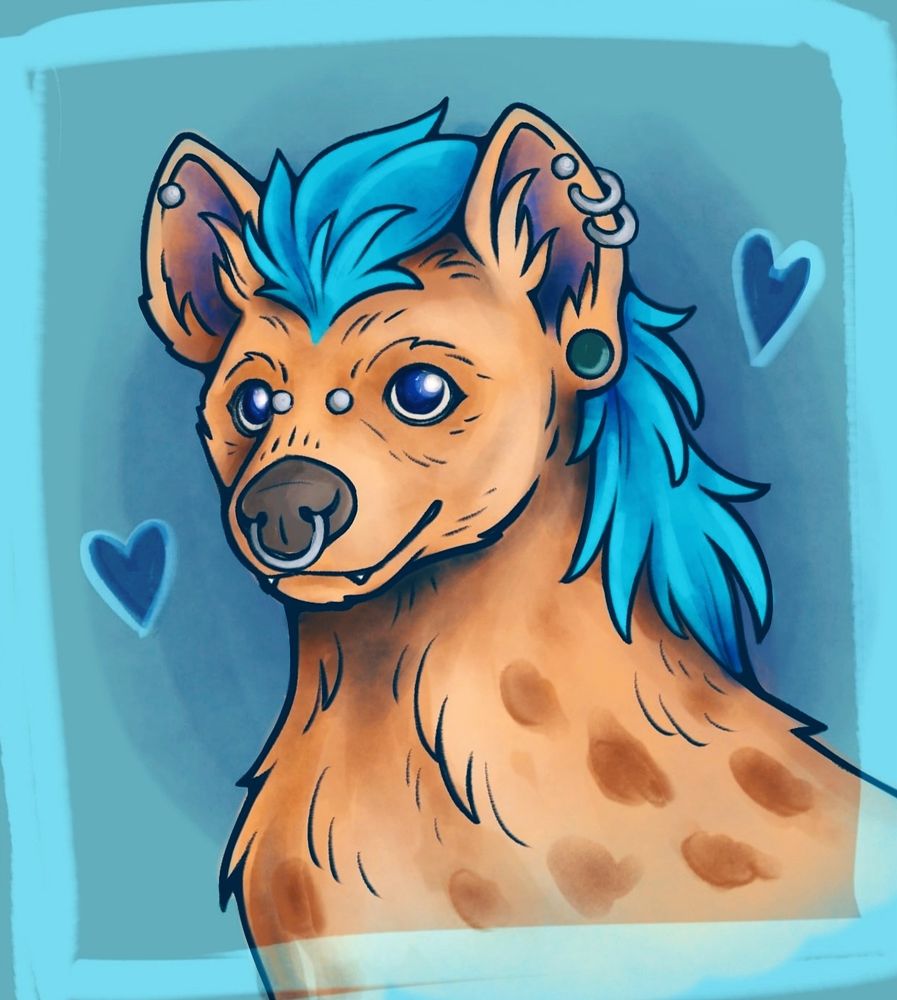 Colorful and cute digital drawing of a hyena in a sketchy cartoon style. The main colors of the drawing are cyan, and light brown. The hyena is drawn in a hyena furry / hyena fursona style. The Mane of the hyena is bright cyan and he also features a lot of facial piercings and a tunnel plug in one ear, giving the hyena character punk and alternative vibes. This furry artwork may interest people who are into alternative online spaces like the furry community, online gaming, therian community, animal artwork and hyena fursonas.