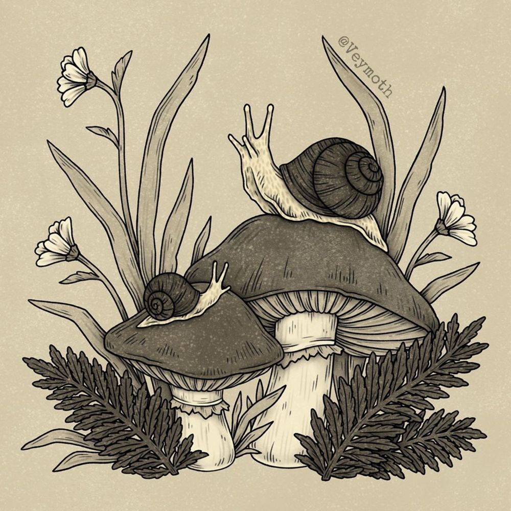 Shown is a vintage illustrations depicting two snails on mushrooms and fungi surrounded by fern. It‘s a digital artwork, which was drawn in photoshop. The illustration is oldschool sepia tomes and has a vintage cottagecore aesthetic and forestcore dark academia vibes. The artwork may also interest therian, green witches, forest lovers and fans of a dark vintage dark academia aesthetic.