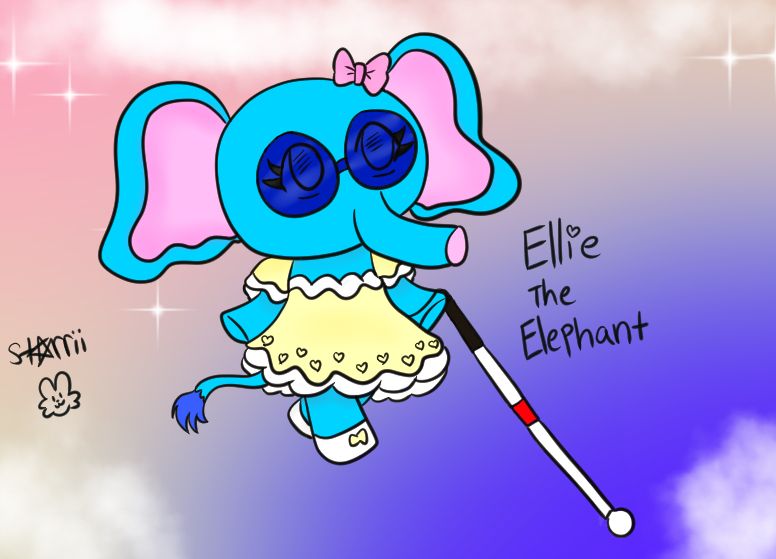 Here lies a light blue anthropomorphic elephant with dark blue glasses and a bright yellow and white cozy dress. The lower end of the dress has small black hearts that are not colored in. She appears to be walking forward with a walking stick. There is also a blue background with a mixture of yellow and pink blended in. There are also sparkles and clouds surrounding her in each corner of the drawing. Her name is next to her walking stick on the right hand side with a heart replacing the dot for lowercase i. My signature, "StarriiBunnii" is on the left hand side, with my name written in black ink. My name is spelt as Starrii except it has a star replacing the ' A ' and a bunny doodle underneath.