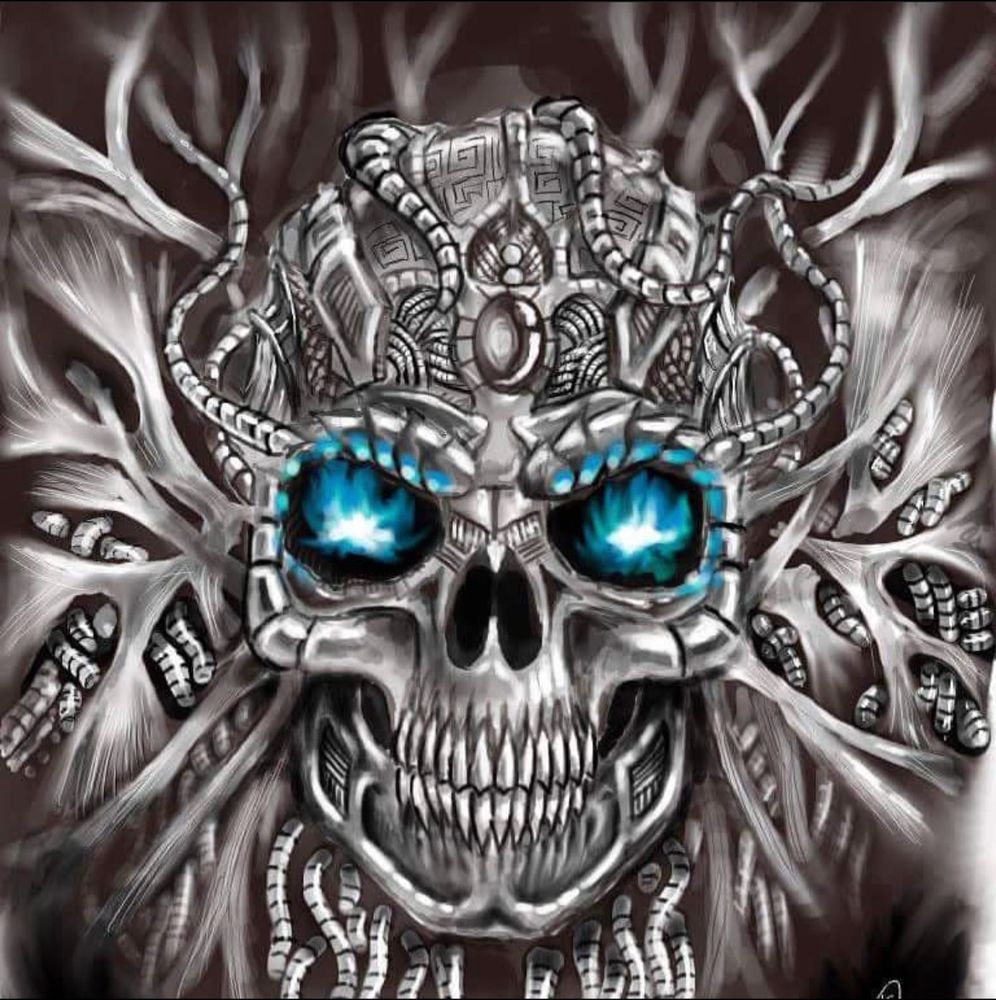 A digital drawing of a skull with blue eyes done in a techno-organic style. Illustrated with GIMP.

“Techno-Lich”