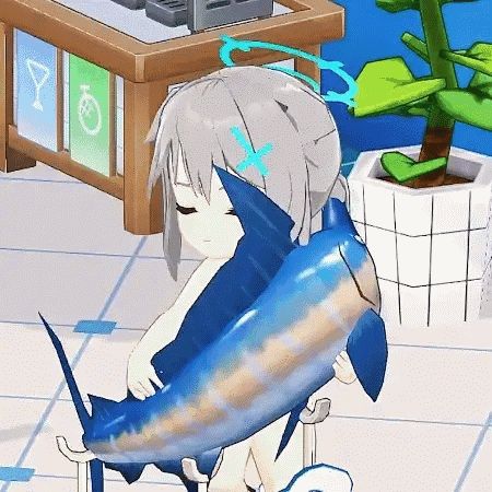 a girl in a video game is holding a blue fish on her back .