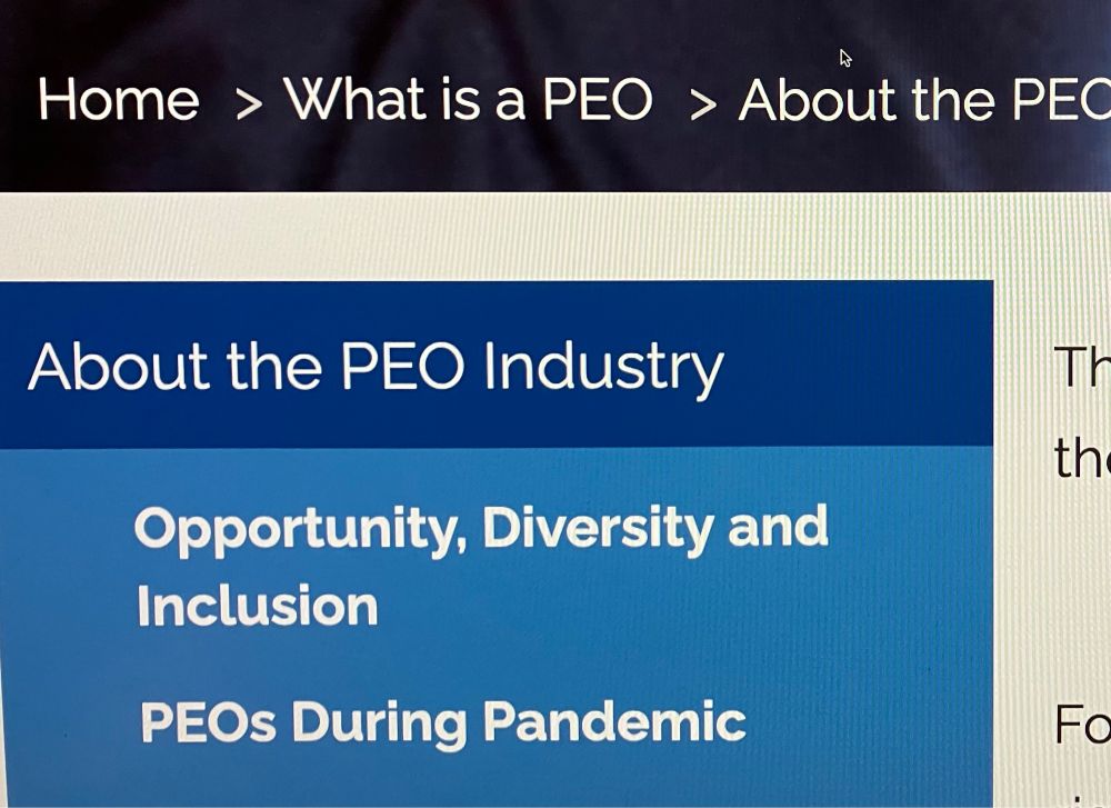 A corporate website, including the headings, What is a PEO? About the PEO industry. PEOs during Pandemic.