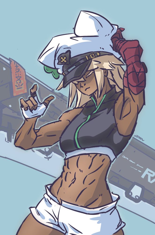 an illustration of Ramlethal Valentine from Guilty Gear adjusting her hat