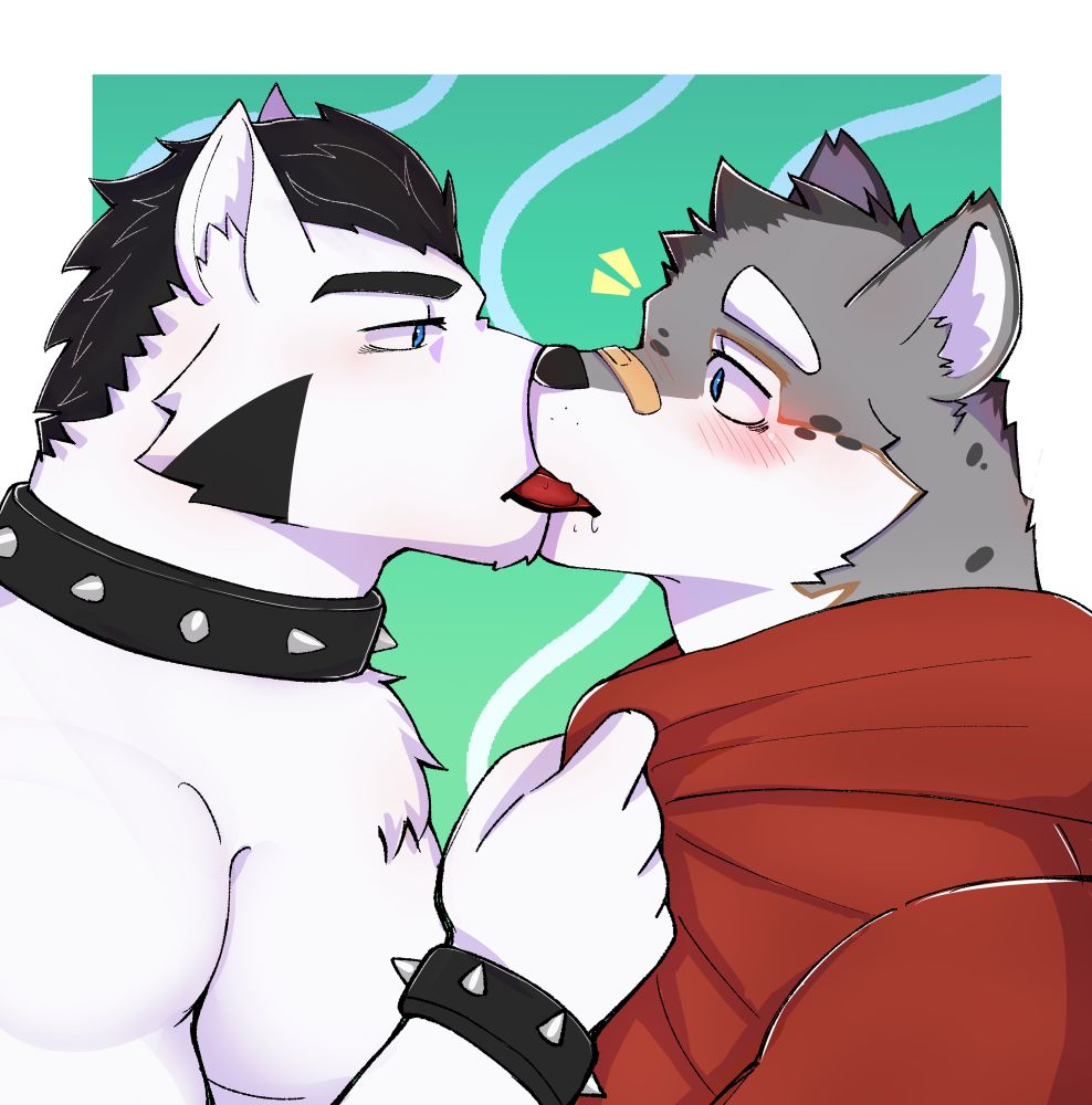 Langdon smoothly kissing Gary with some tongue involved. Both of them are blushing, with Gary blushing even harder.