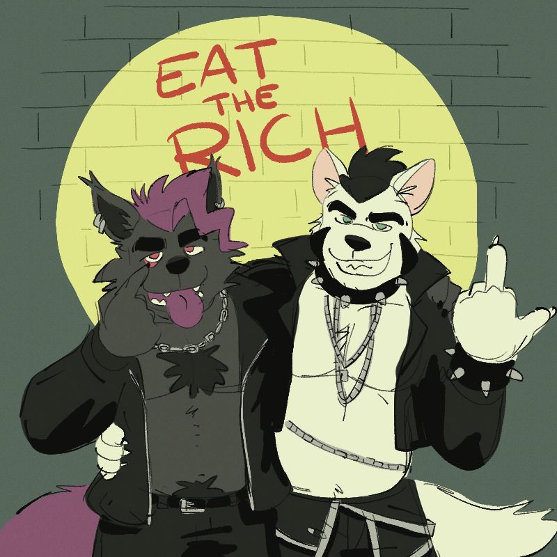 Langdon and Night are in punk clothing. Langdon is flipping the bird while Night is sticking out their tongue and pulling at their eyelid. The words EAT THE RICH are behind them.