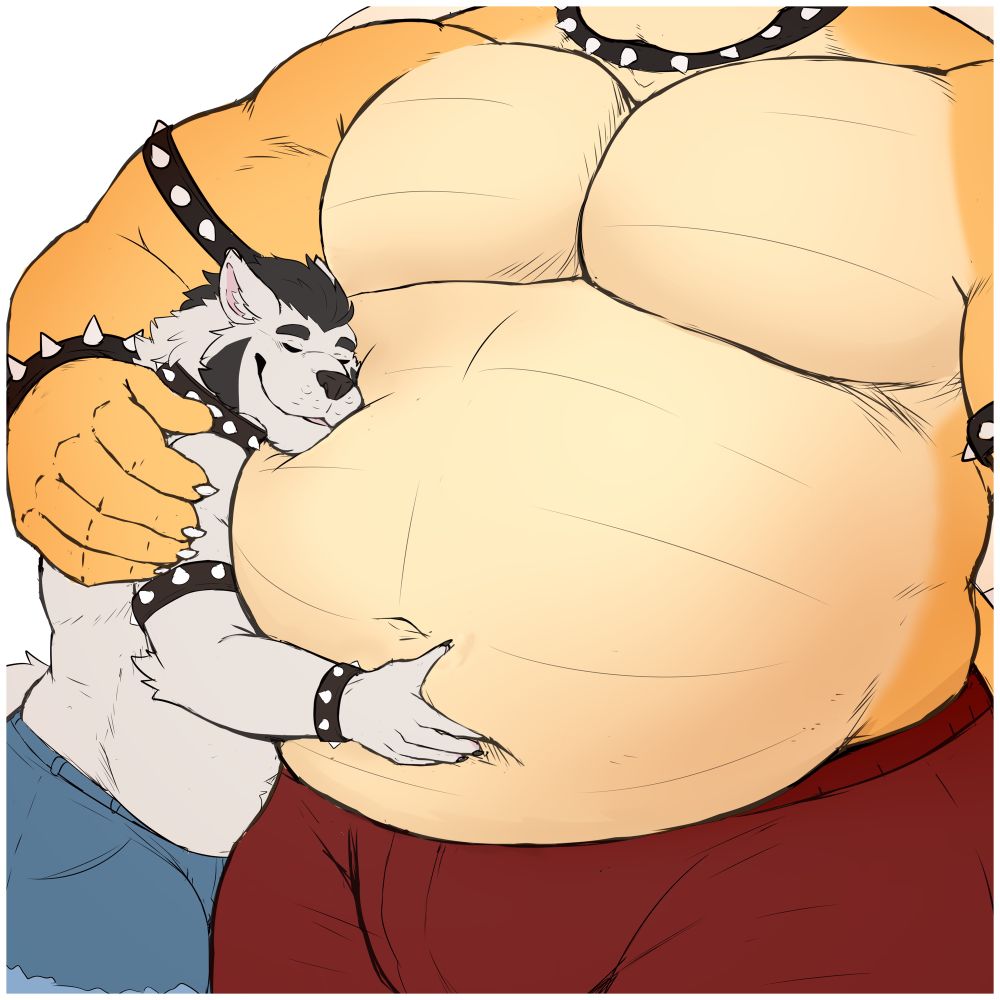 Langdon is snuggling with a giant Bowser, grabbing at his belly.