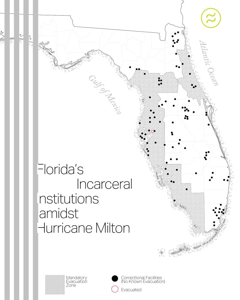 Data visualization of the correctional facilities throughout Florida including shaded area representing evacuation zones. Only one out of 143 prisons evacuated.