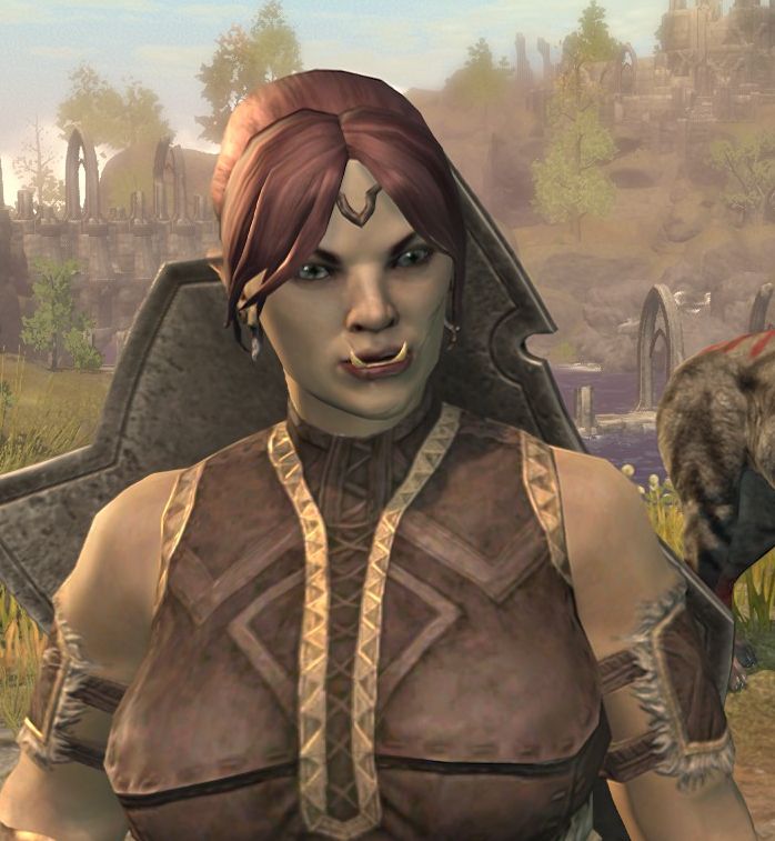 Khavar gra-Yagash, a young Orsimer (orc) with warm, medium-toned skin, blue eyes, a deep facial scar across her left cheek, red hair worn in a braid, and a basic leather jerkin with gold accents. 