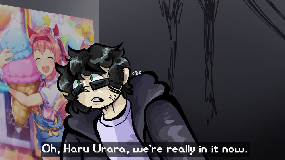 a redraw of a screenshot from the good place with nic from dashbored. he is leaning on a poster of Haru Urara from uma musume. 
-oh haru urara, we're really in it now.