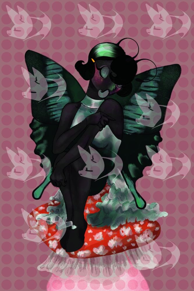 This image depicts an anthropomorphic butterfly sitting on a red mushroom. There are dots and the creator’s logo stamped on the image to prevent image theft. 