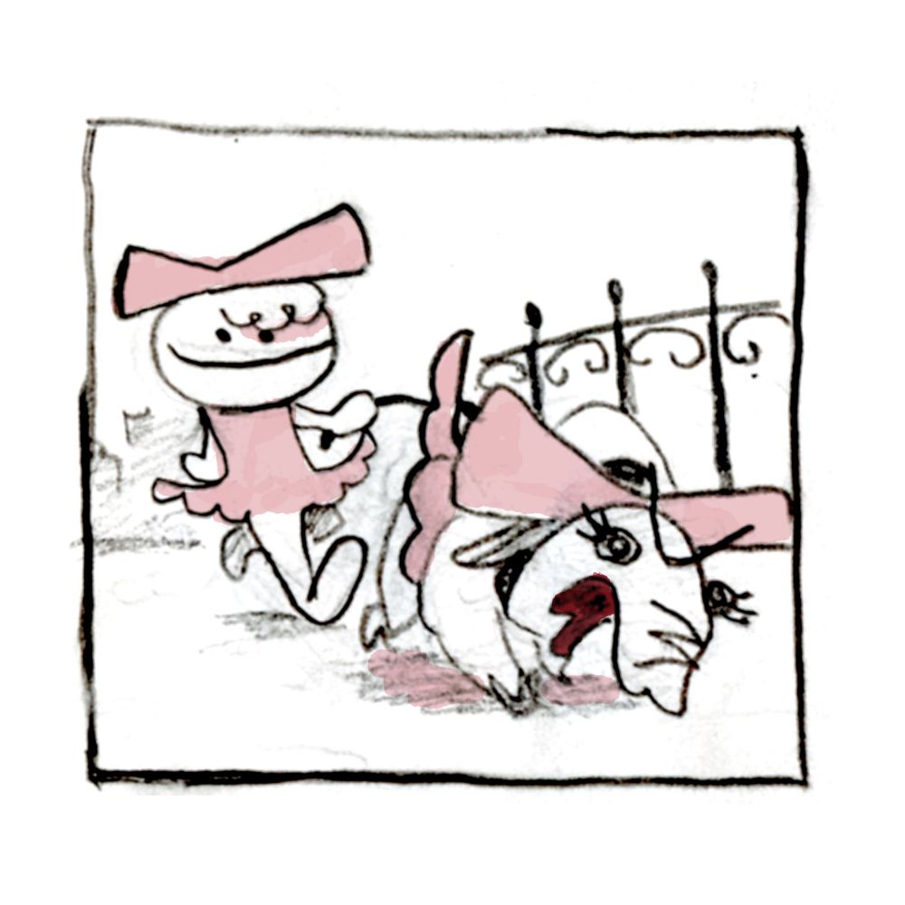 The little girl is taking the rat for a walk and they are both dressed in pink bows and dresses