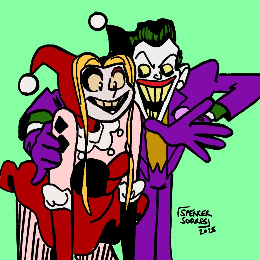 The Joker has his arm around Harley Quinn and is explaining something to her 