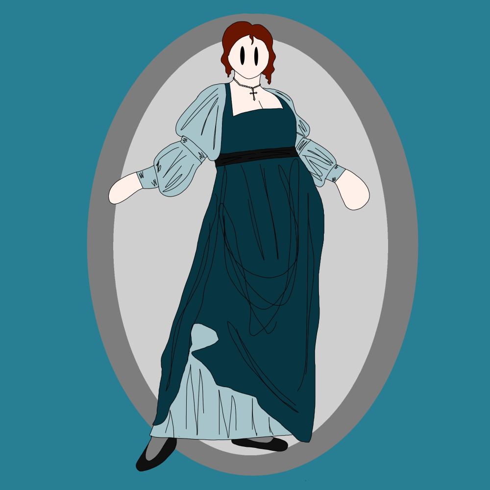 A digital drawing of genderbent Armand from The Vampire Chronicles. She wears a Renaissance-style dress in various shades of blue and a necklace with a cross pendant. 