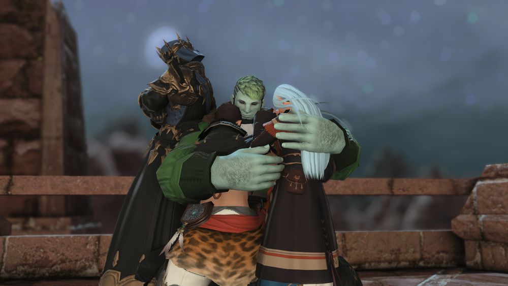 A scene set in The Peaks of Gyr Abania. Bera kneels on the floor, accepting the young Myste in a hug as well as Meteor, as Fray leans on his back.