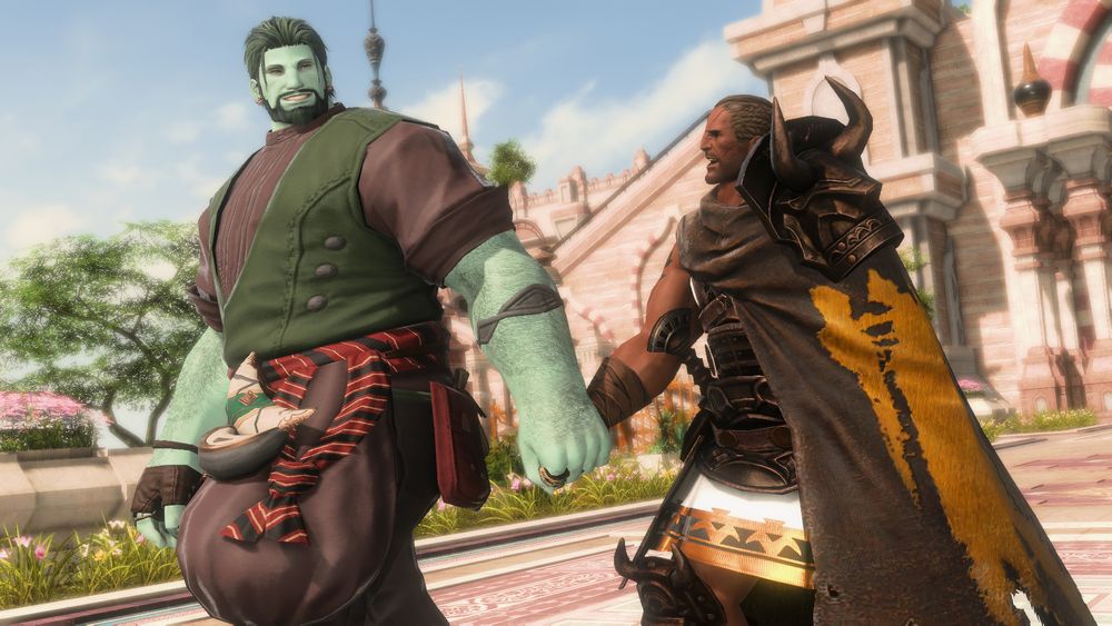 Bera, a large sea wolf, grabs Raubahn's hand in the morning light in the gardens above Ala Mhigo. Bera is a large sea wolf wearing a black shirt with green vest, and Raubahn is a dark skinned highlander Hyur with braided hair wearing armor and a cape over his left side.