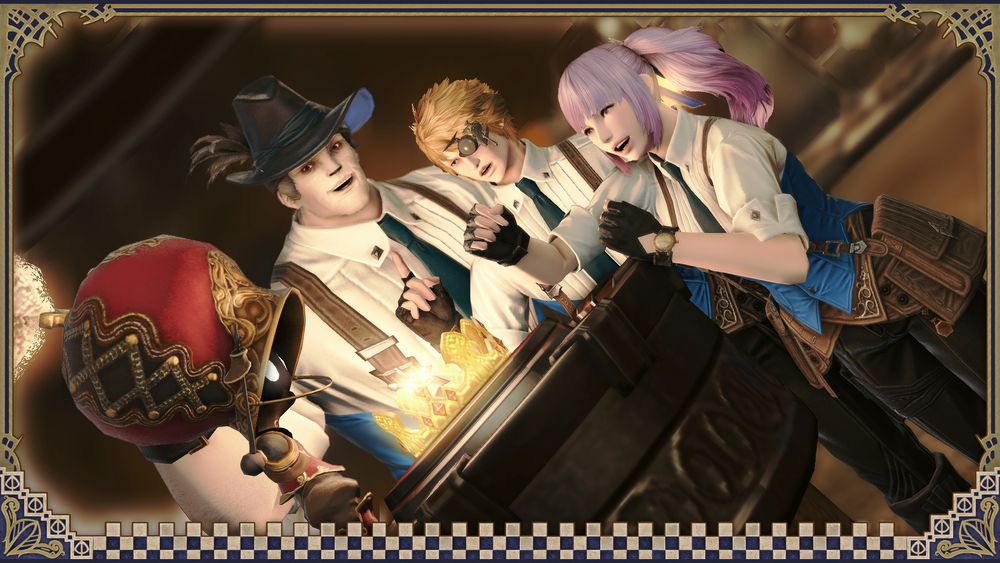 In the Goldsmith's Guild, three people stand across from a mechanical mammet wearing a large helmet over a shining crown. They each wear identical outfits although with different headgear - A white button up shirt with a dark blue tie and blue vest.

Redolent Rose is first, a large roegadyn with pale skin and grey hair, looking happy with a very dressy hat with feathers. Second beside him is Severain Lyctor, a stern midlander with an ocular device on his left eye, looking stern as if in argument with the mammet. And last is Serendipity, excited wearing light purple pigtails and a large smile.