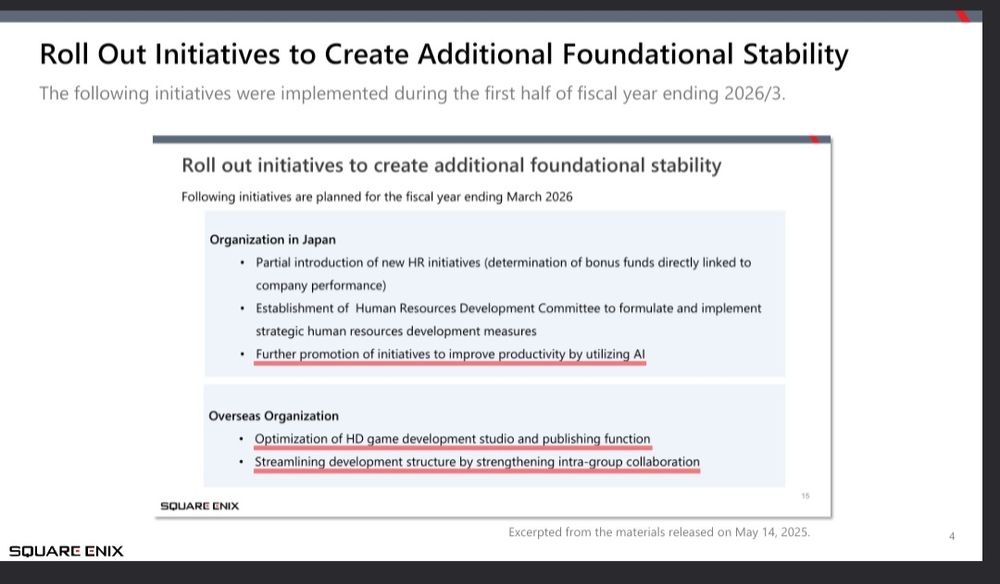 Roll Out Initiatives to Create Additional Foundational Stability

The following initiatives were implemented during the first half of fiscal year ending 2026/3.

Roll out initiatives to create additional foundational stability
Following initiatives are planned for the fiscal year ending March 2026

Organization in Japan

Partial introduction of new HR initiatives (determination of bonus funds directly linked to company performance)
Establishment of Human Resources Development Committee to formulate and implement strategic human resources development measures
Further promotion of initiatives to improve productivity by utilizing AI

Overseas Organizatior

Optimization of HD game development studio and publishing function
Streamlining_development structure by strengthening intra-group collaboration

Excerpted from the materials released on May 14, 2025

SQUARE ENIX

