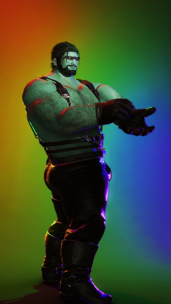 In front of a rainbow background, a roe, Bera, adjusts his leather gloves. He wears leather pants, straps on his body and leather boots, which catch the multicoloured lights around him.