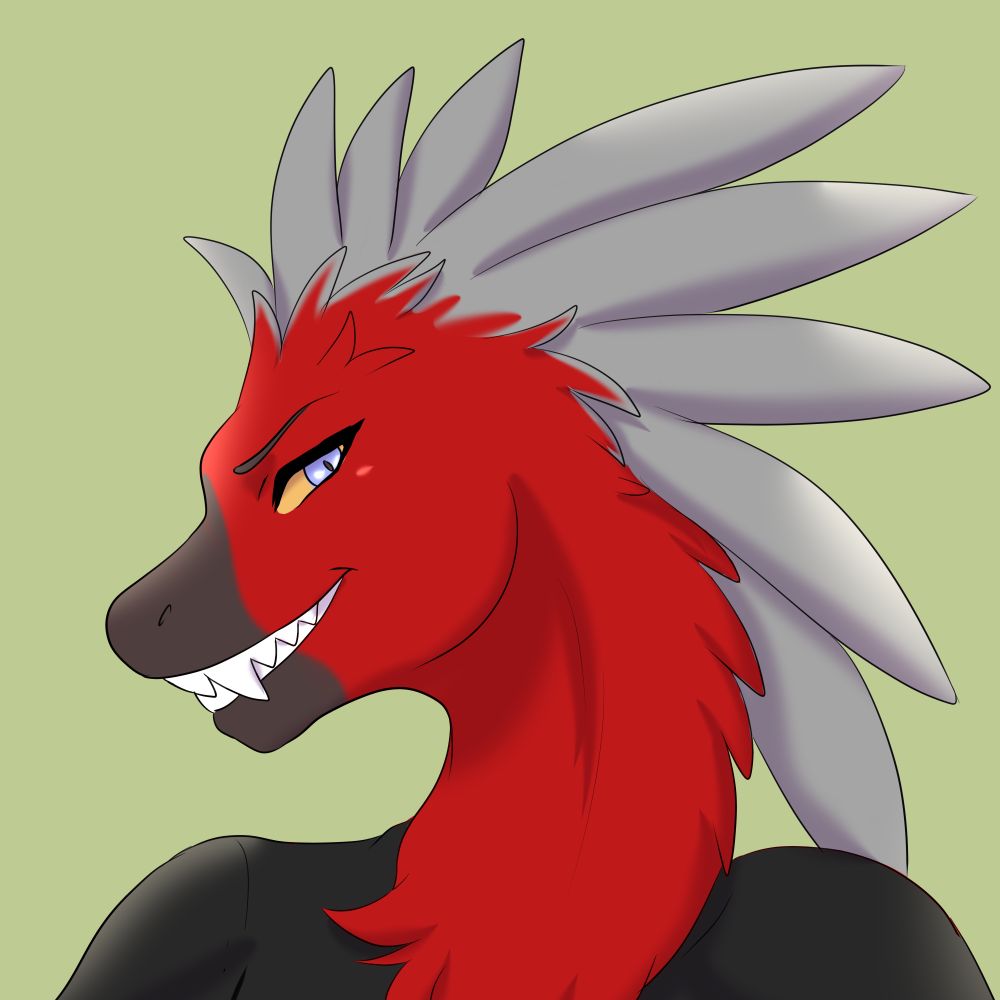 Raptor Cloud Weaver with his head turned to the side while giving a toothy smile.