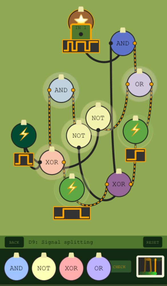 A screenshot of XORnaments. The screen is filled with ornaments connected to each other by wires. Some ornaments are glowing.