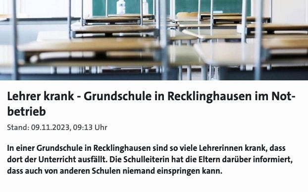 Screenshot vom WDR online - "Lehrer krank - Grundschule in Recklinghausen in Notbetrieb"