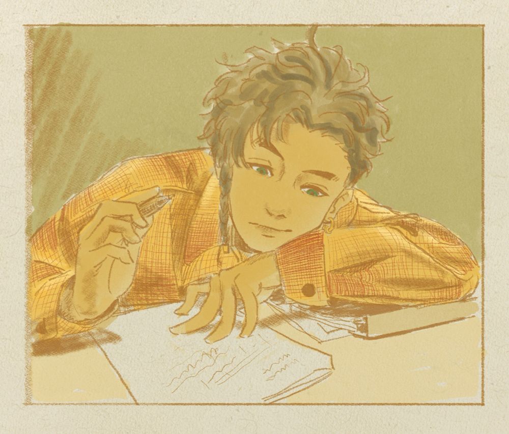 a photo redraw that i modified to be claude, he’s slightly slumped over a table writing some papers. he has a slight crooked smile on his face as he leans his head on his arm