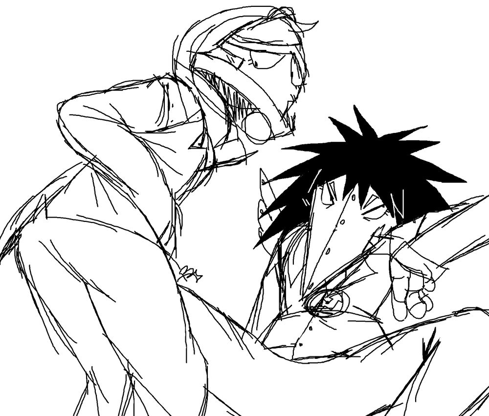 OC x Canon art featuring my toontown boardbot cogsona, Undertaker, alongside the Bellringer (Ben Biggs). Ben is slightly bent over, with his back going towards the camera(?). My OC is sitting, with one of its elbows laying/leaning on a surface off-canvas. 