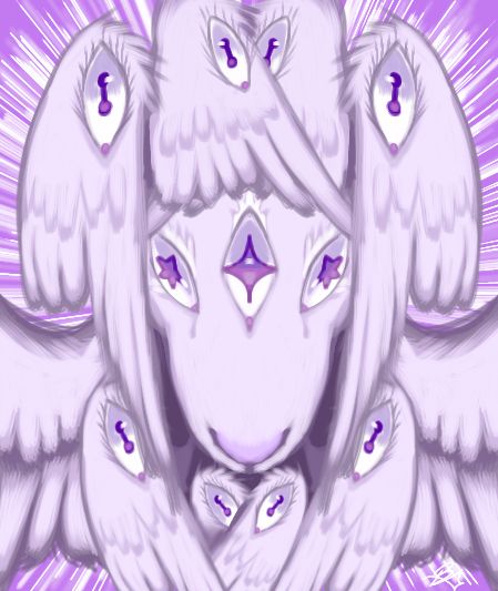 Digital nearly-symmetrical experimental drawing of an off-white ovid-looking archangelic creature on a purple background that has three eyes with star-shaped pupils on its face, and each of the ten wings depicted has one sheep eye. Two of its wings are spread white open, as the archangel stares at the camera. 