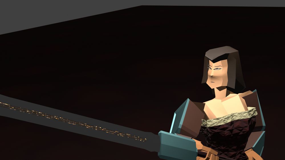 A woman in quilted vest and long reinforced armguards sporting short black hair and pale skin wielding a large sword. 
WIP quick render from blender.