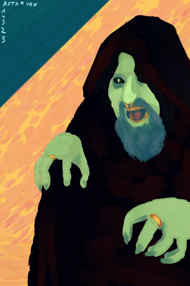 A beardy boglock schekniving around the badlands. Well looted and flaunting 3 gold rings, one through the nose. Their teeth are an eerily similar shade to the rings. They wear a dark cloak and their skin is green.