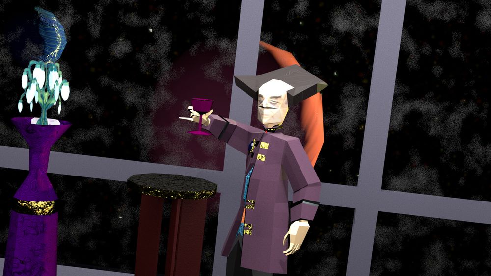 A man with a peacock haircut a purple overcoat gilded with silver and gold is lifting a chalice toward you. A planet is in the background, and a barstool table and a purple and gold vase holding an egglamp is in the scene.