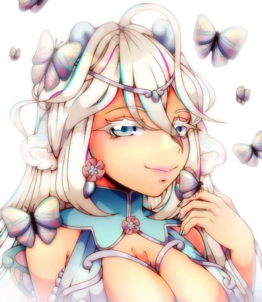 Head shot illustration of a white haired milqilin (person with cow ears and horns). They are surrounded by butterflies and look towards the viewer with a loving smile. She wears blue clothing with a deep v cut. Her outfit is adorned with silver metal accessories, and she wears a silver circlet with a blue gem in the center. She has matching blue gems on her ears, along with pink and blue flowers. The background is white with a misty effect, causing soft backlighting.