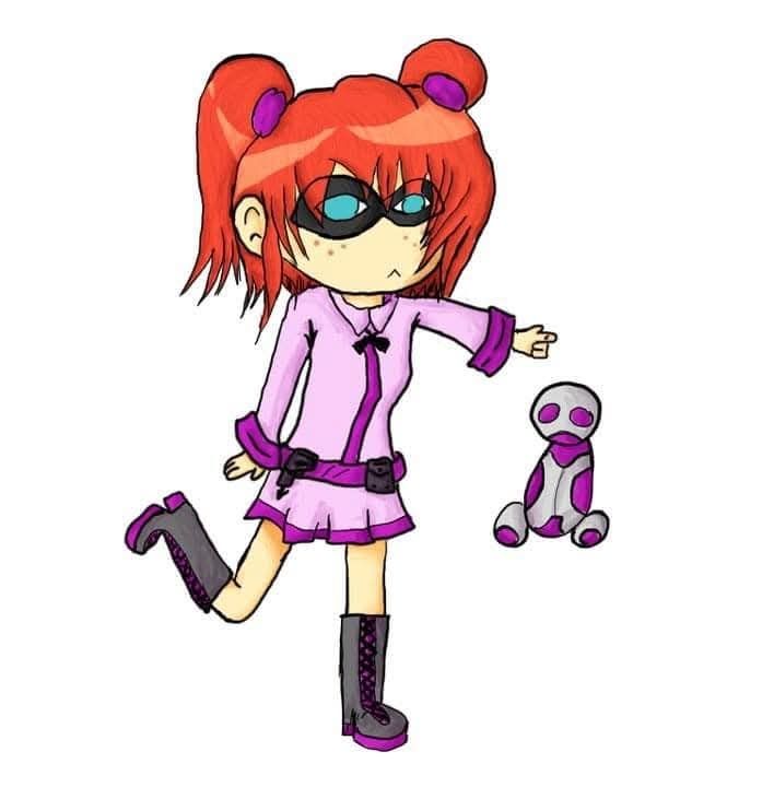 A drawing from 2011/2012 of a red haired girl wearing a purple outfit. She has a robot companion