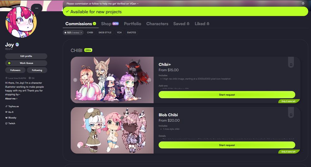 Screenshot of @joyfullie.art's vgen page, showing different types of commission styles, mainly chibi styles, though others are in the link provided! 