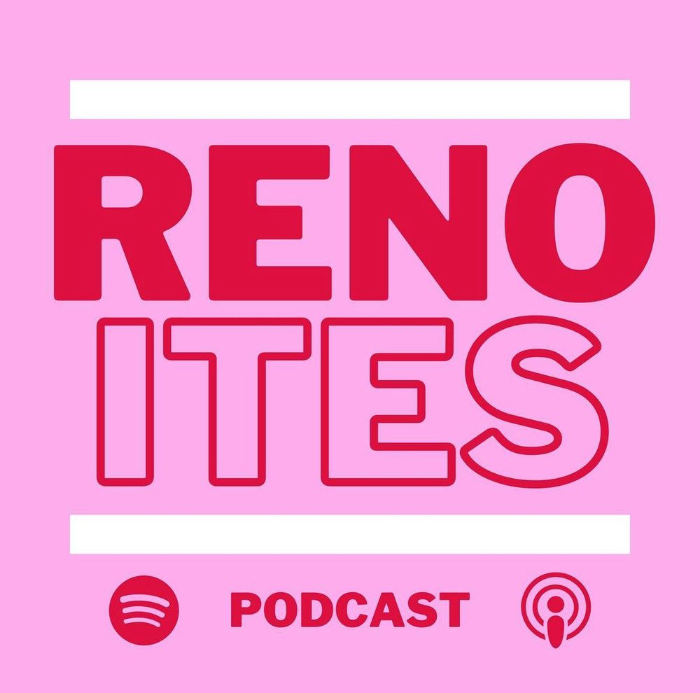 The renoites podcast logo in white and pink colors for Valentine’s Day 