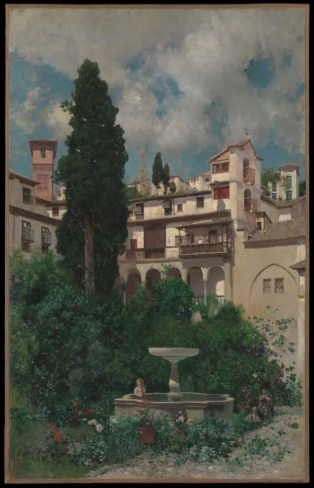 A marble fountain is in the centre of the painting. Children are playing around it. In the foreground, a field with tiny flowers, while the fountain is set in a lush green scenery. A pine in the background parts the building in the back into two. The sky is blue with some clouds.
